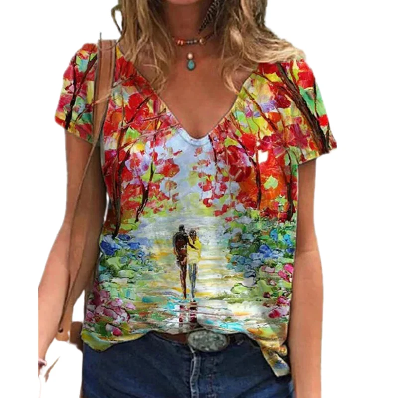 

Женская футболка с абстрактным 3D-принтом, Повседневная Свободная футболка с коротким рукавом и V-образным вырезом, большие размеры, лето 2021