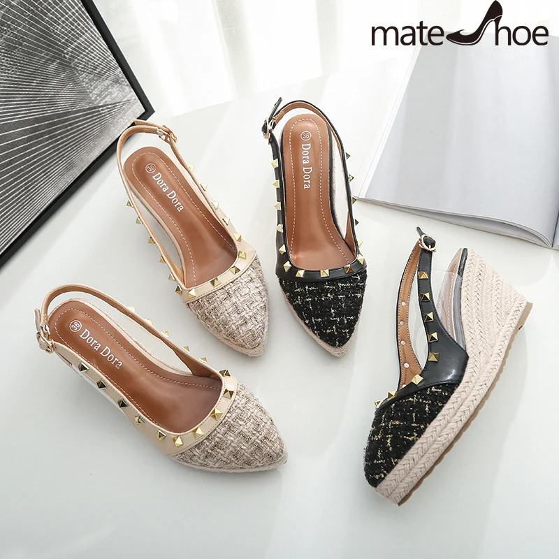 

French Espadrilles Fragrant High-heeled Shoes Women's Slope Sandals Autumn 2021 New Ladies Temperament Bow Pointed Shoes Women