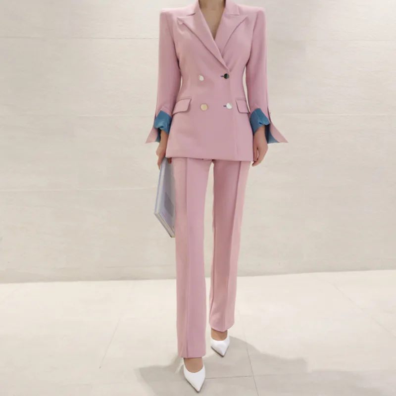 2021 Pink Suit Pant Suits OL Professional Temperament Double-breasted Suit Slim Straight Pants 2-piece Korean Lady Gentle Suit