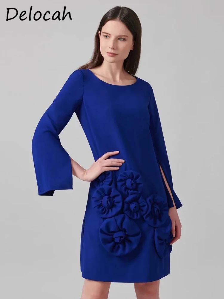 

Delocah 2022 Spring Women Midi Dress Fashion Designer Gorgeous Appliques Blue Solid Color Elegant Slim Ladies Dresses Vestidos