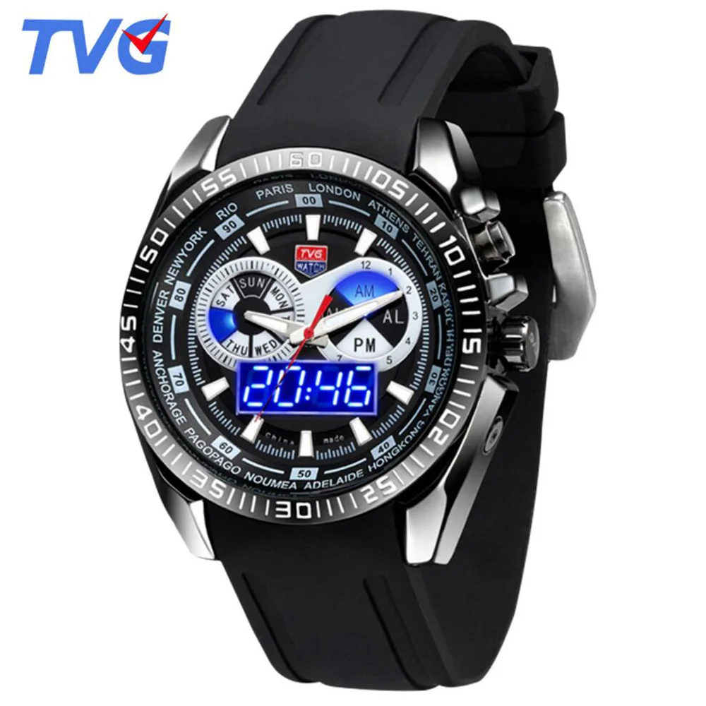 

2020 Male Watches Luxury Top Brand TVG Black Silicone Best designer Men Quartz Watch Dual Display LED Wristwatch mannen horloge