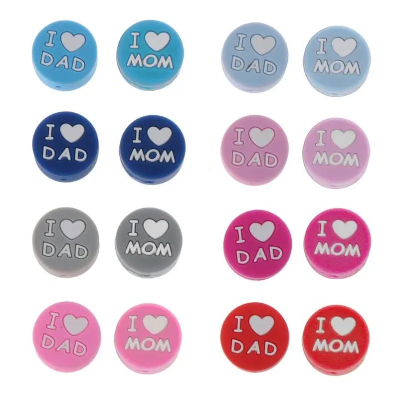 

5pcs/lot Baby Silicone Beads Teething Teethers Nursing Toy I Love Mon/Dad Letter Teether Beads Food Grade Silicone DIY