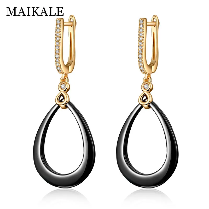 gold black MAIKALE, новые модные черно-белые керамические Висячие серьги для женщин, Овальный Круглый Цирконий, золотые серебряные серьги-подвески ювелирные изделия, подарки - Окраска металла: gold black