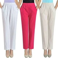 middle aged women summer cropped pants thin elastic high waist straight pants korean fashion mother ankle length trousers