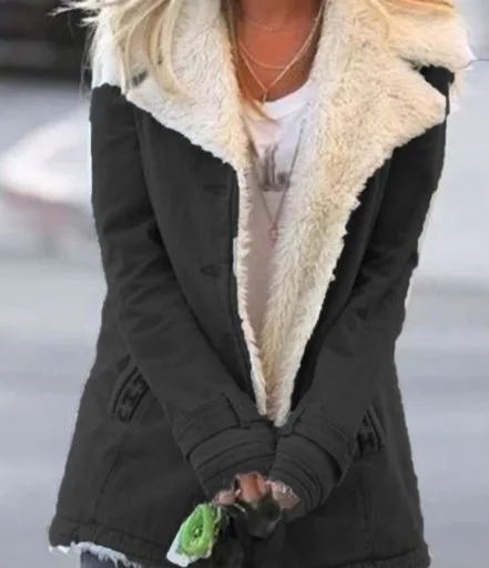 Women 's Clothing Autumn and Winter Plus Velvet Thick Warm Cotton Jacket Solid Color Long Sleeve Coat Female