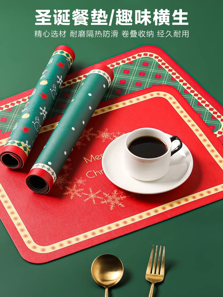 

Christmas Leather Placemat Waterproof and Oil-Proof Table Insulation Mat Household Anti-Scald Pad Western-Style Placemat Bowl