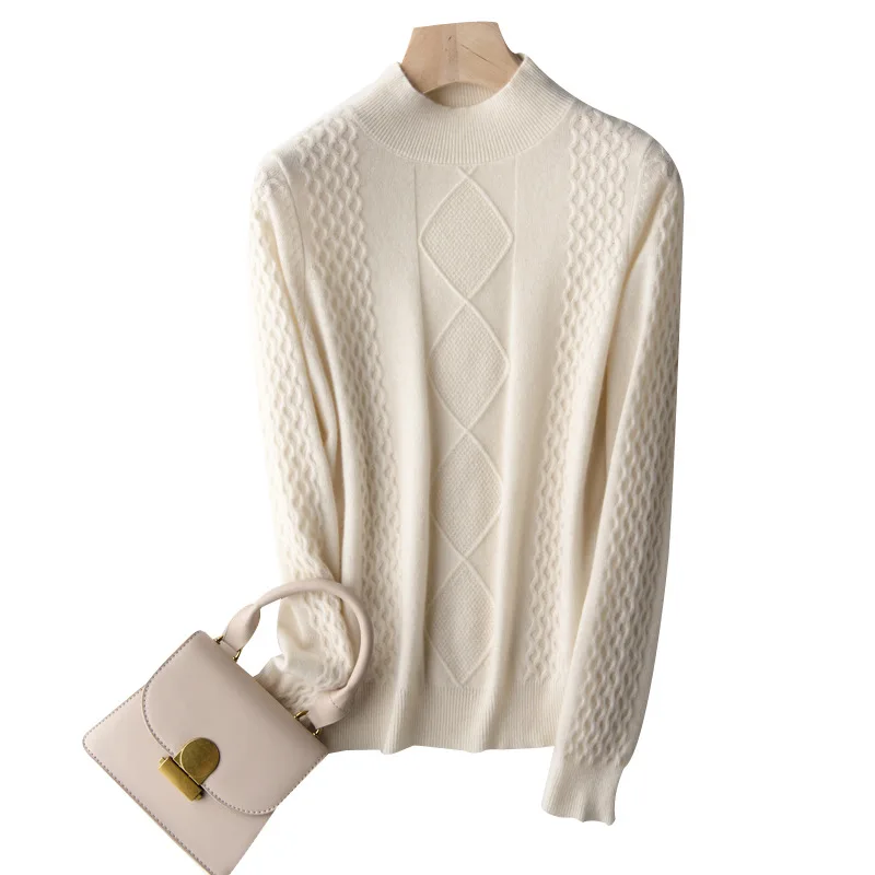 

2020 Winter Pure Half Turtle Neck Female Plus Size Sweaters For Women Diamond Twisted Long Sleeve Slim Knit Bottoming Clothes