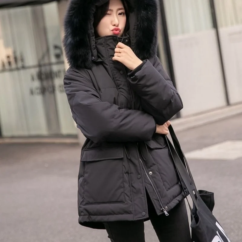 2023 Winter Jacket Women Fur Collar with Hooded Solid Black White Female Duck Down Coat Loose  Women Short Parka X438