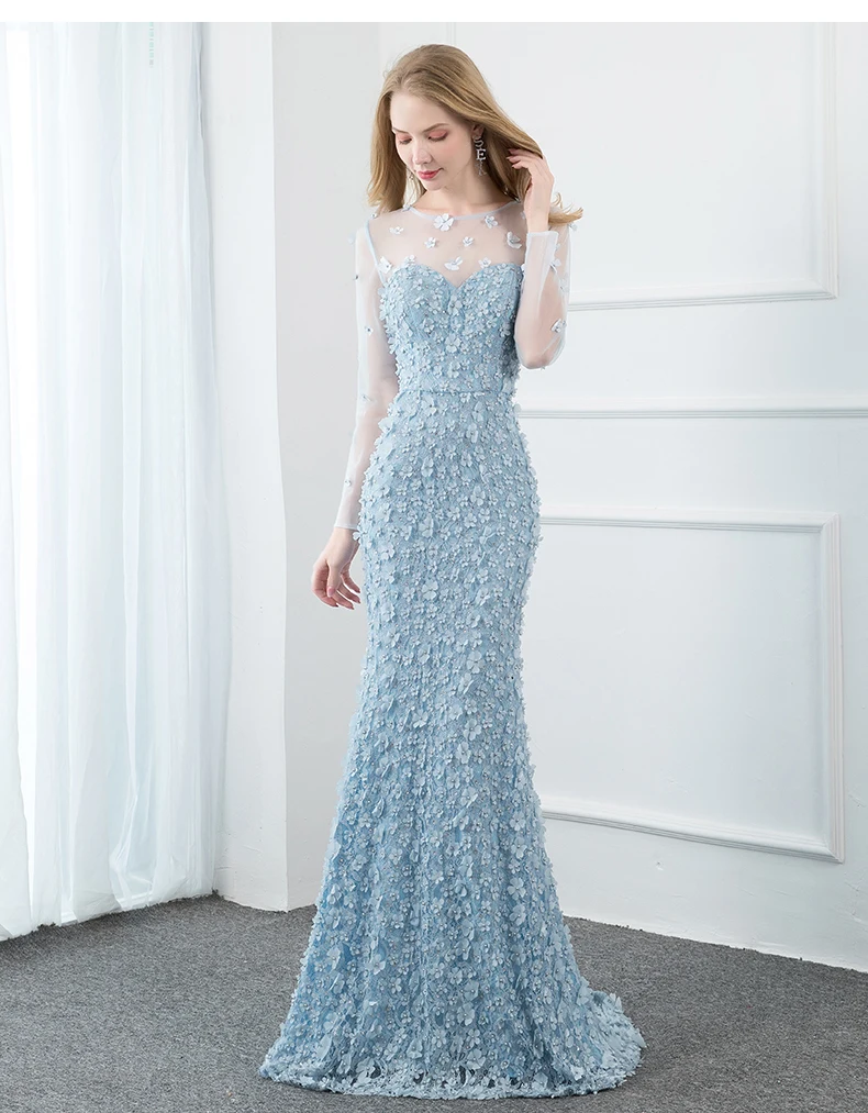 

Luxury Blue Mermaid Evening Dress Long Sleeves Floor-length Pearl Prom Dress Robe De Soiree Aibye Middle East Dubai