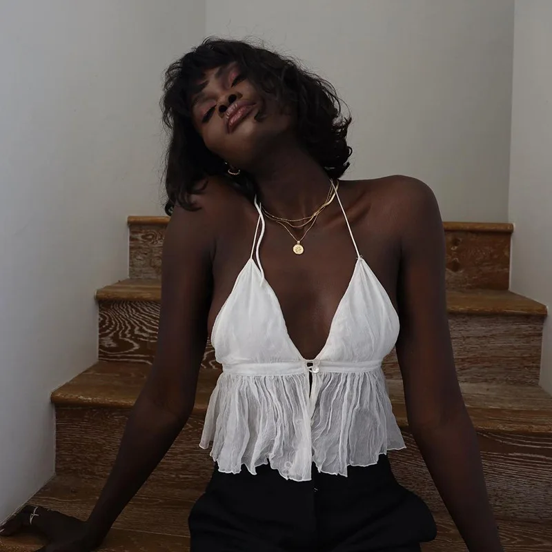 

Women Crop Top 2021 V-Neck Button Ruffle Kawaii Casual Tops Hanging Neck Bandage White Black Summer Fashion E Girls Camis Vintag