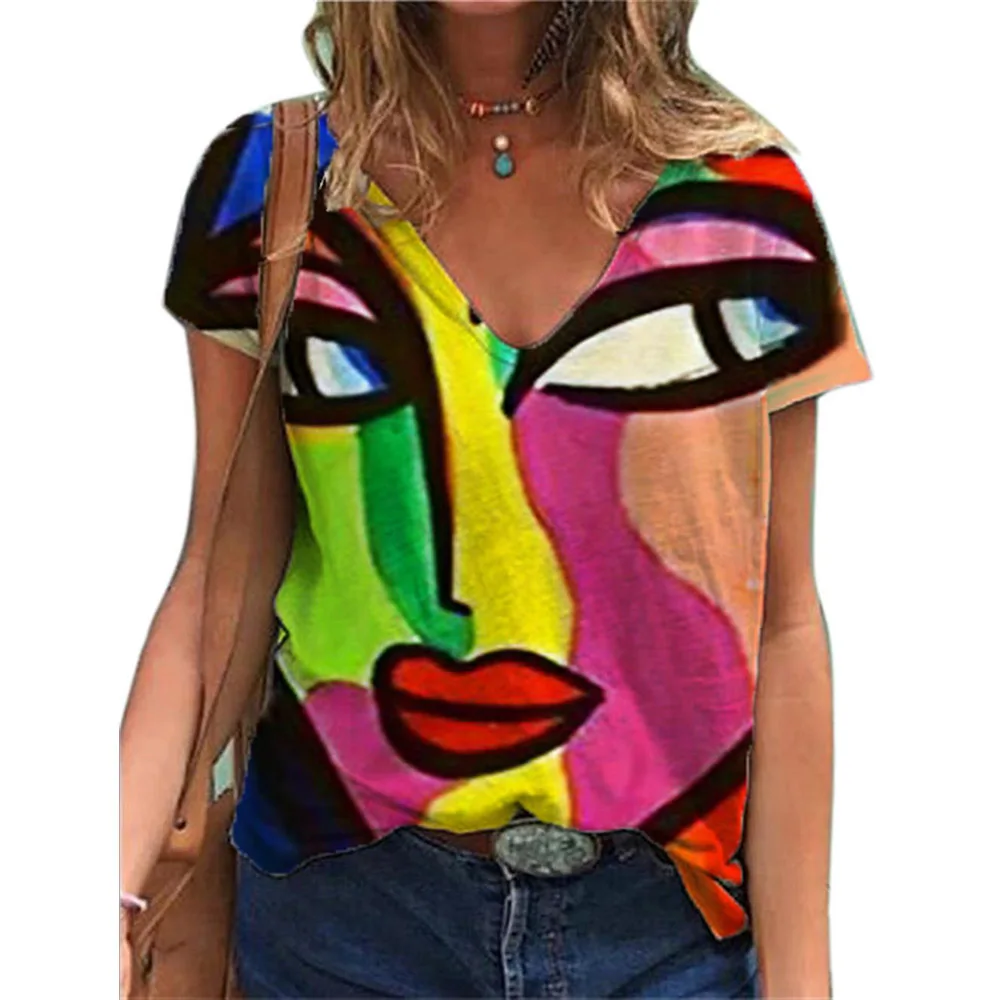 

Women T Shirt Portrait Print V Neck Short Sleeve Top Ladies Harajuku Graphic T Shirts Women Clothing Loose Summer Top Tees