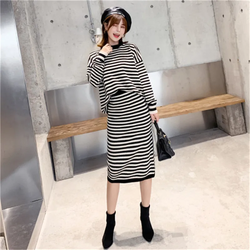 

2019 new fashion knitted 2 piece set striped women knit suit long sleeve sweater pullovers skirt suit elastic knit clothes