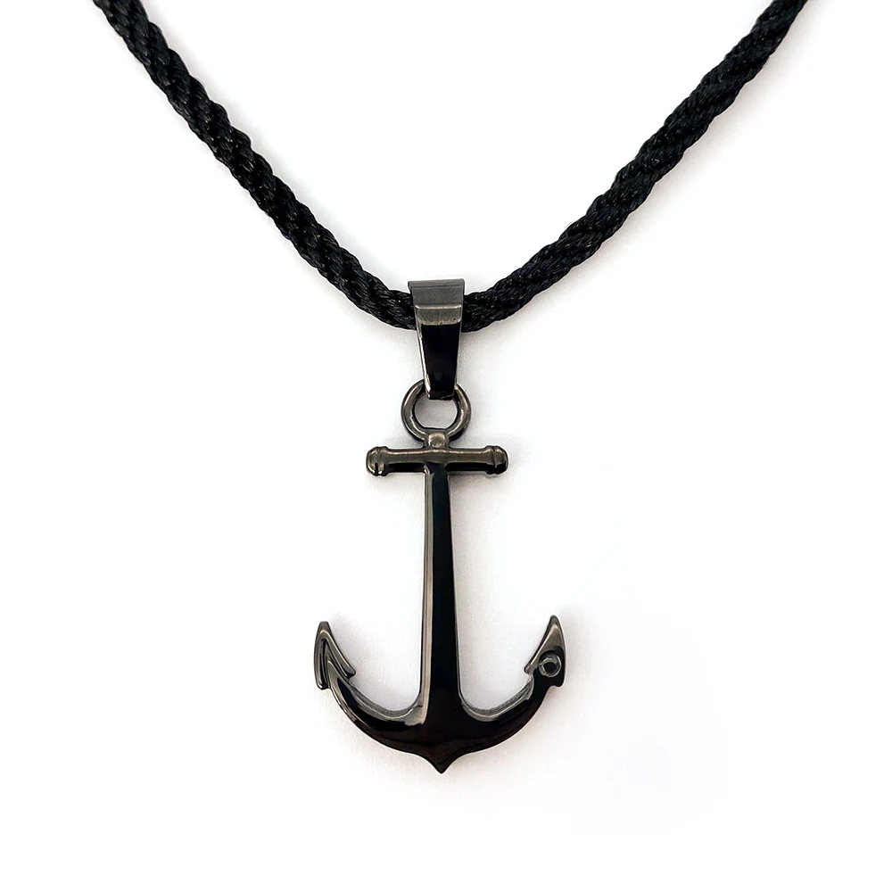 

Runda Men's Rope Necklace Black Nylon Chain with Anchor Pendant Adjustable Size 50cm Nautical Style Personalize Jewelry for Men