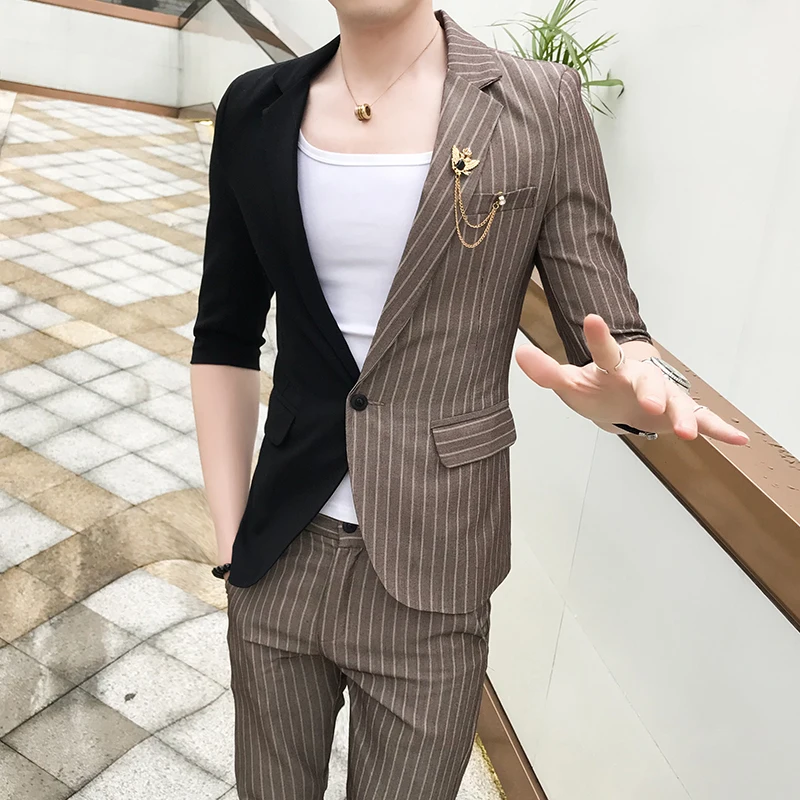 

Mens Suit Korean Splice Suits Slim Fit Social Club 2 Pcs Men Smoking Para Hombre Combinaison Homme Stripe Mens Suits With Pants