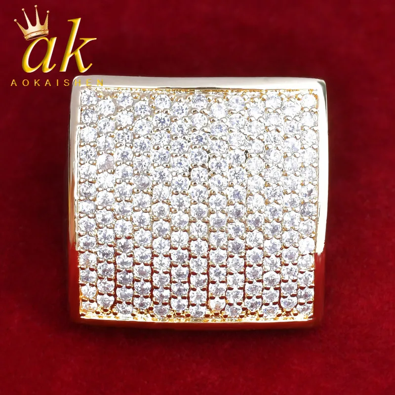 Bling Men's AAA+Zircon Ring Gold Color Copper Material Iced Out Full CZ Square Fashion Hip Hop Jewelry Size 7-12
