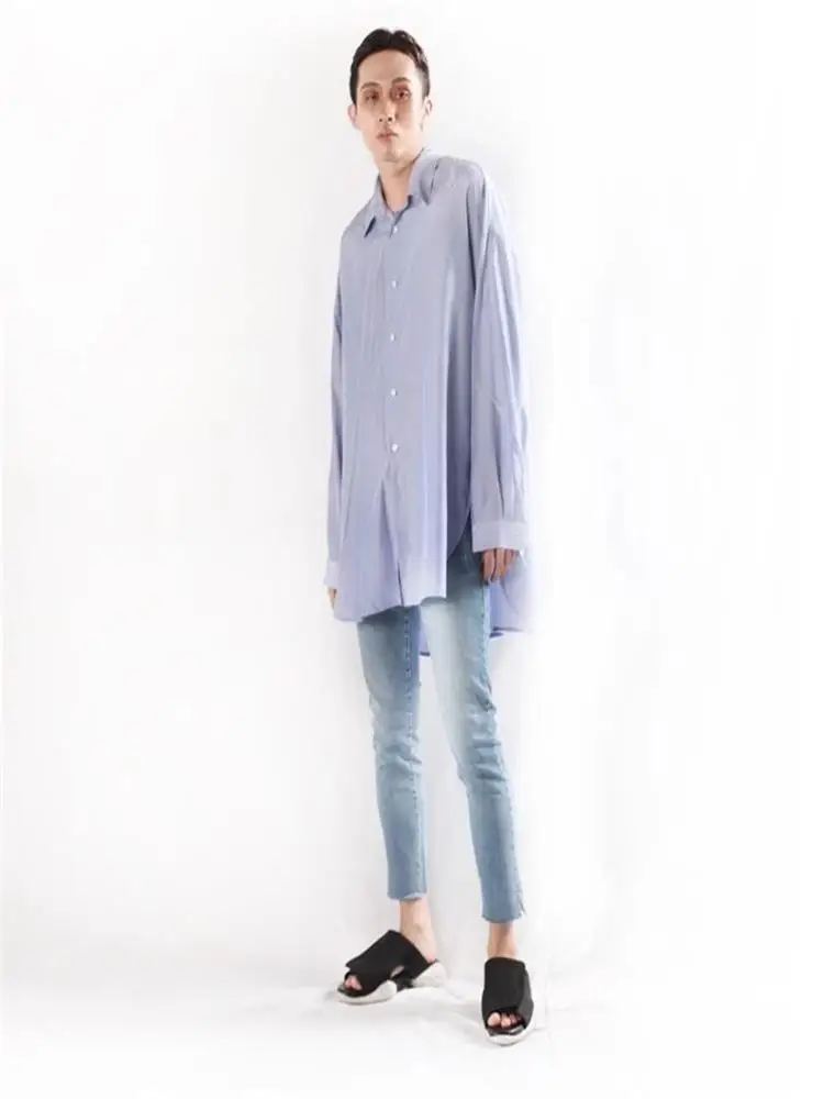 Men'S Long-Sleeve Shirt Spring And Autumn New Lapel Loose Cut Side Slit Design Fashion Casual Large Size Shirt