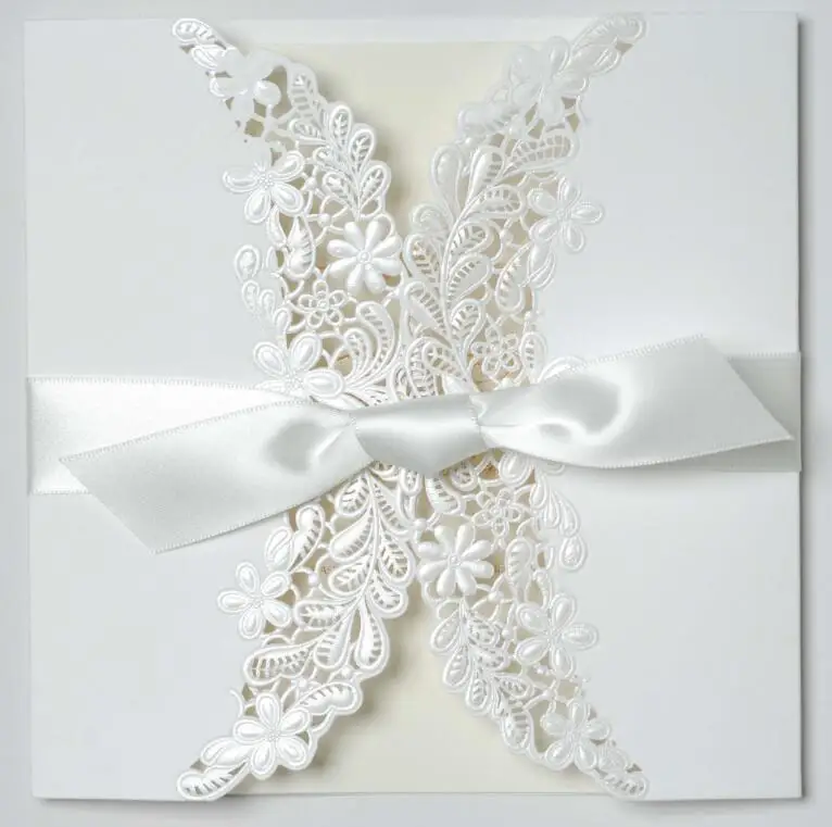 

Red White Laser Cut Luxury Flora bow Wedding Invitations Card Elegant Lace Favor Print Envelopes Wedding Party Decoration