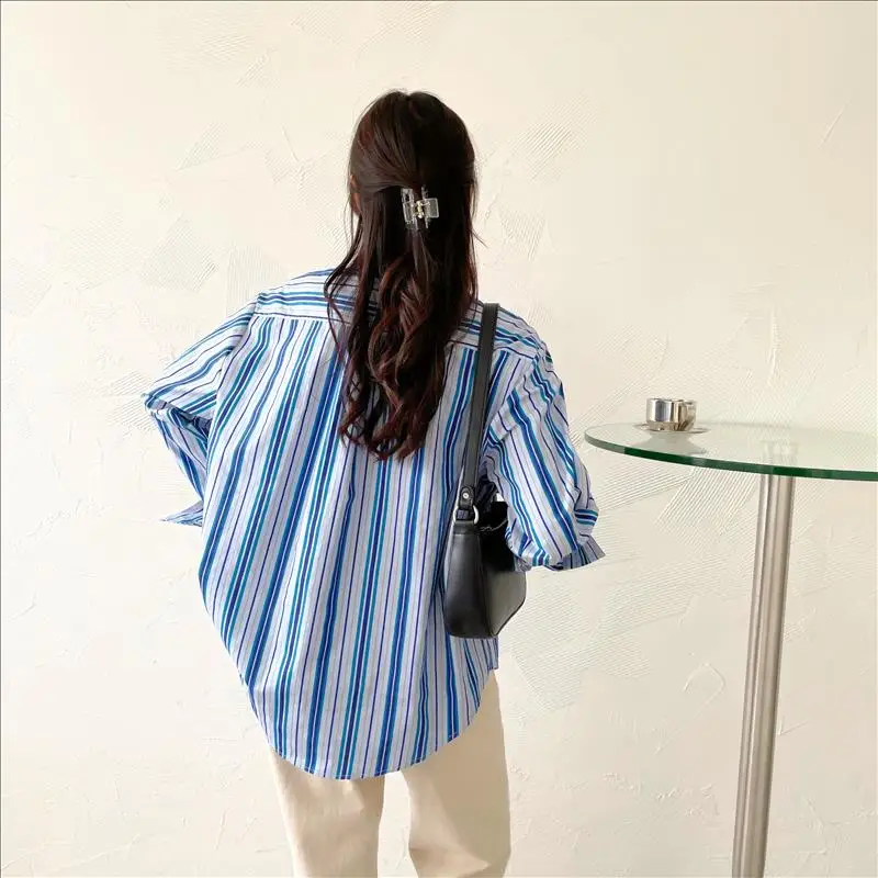 

Houthion Striped Chiffon Women's Blouses Spring/summer Fashion Casual New Blouse Korean Long Sleeve Top Retro Woman Shirt