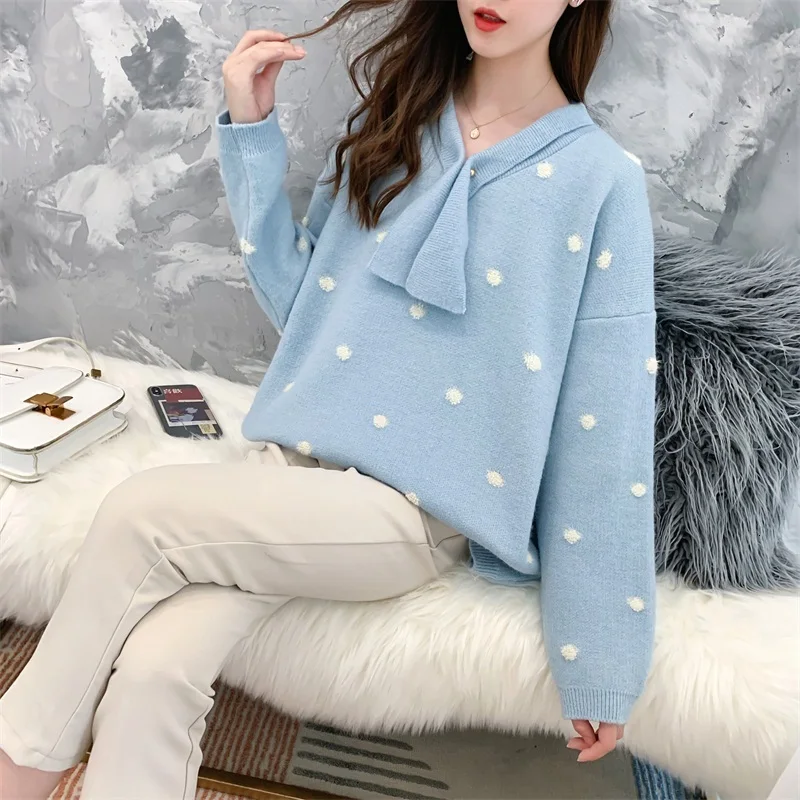 H.SA Women Winter Sweaters Long SLeeve Crew Neck Pink Pullover and Sweater Polka Dots Bow Sweaters Kawaii Knitwear Tops