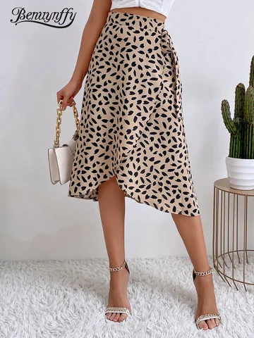 Benuynffy Boho Women Casual Print Tie Side Wrap Skirt Elegant High Waist Female Summer Asymmetrical Knee Length A-Line Skirts