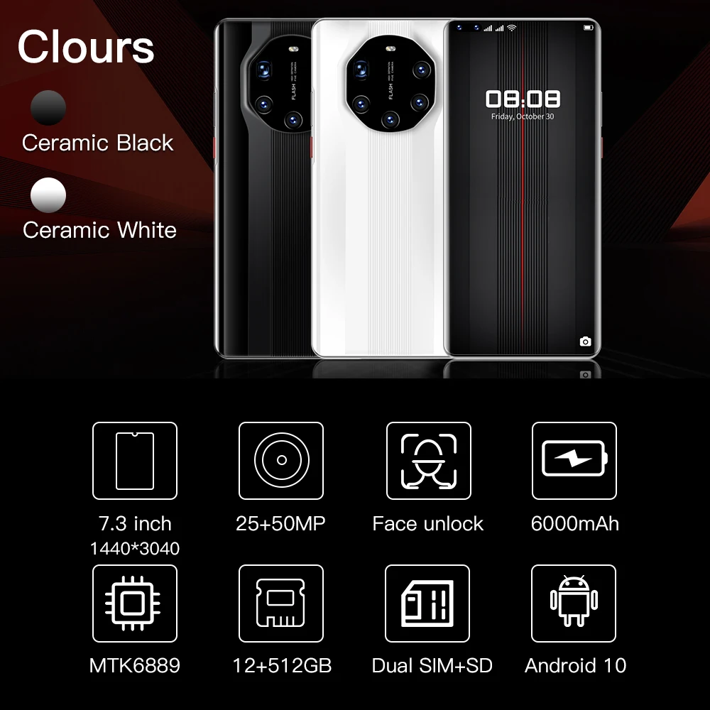 

Hot Sell Mate40 RS 5G 6000mAh 7.3 Inch 8/12GB+256/512GB Big Memory 25+50MP GPS Android 10.0 Face ID Global Version Smartphone