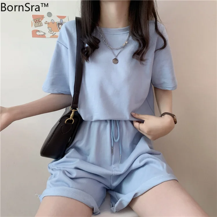 

Bornsra 2021 Summer Short Elastic Waist O-Neck High Street Short Set Regular Elastic Waist Cotton 2 Piece Short Set