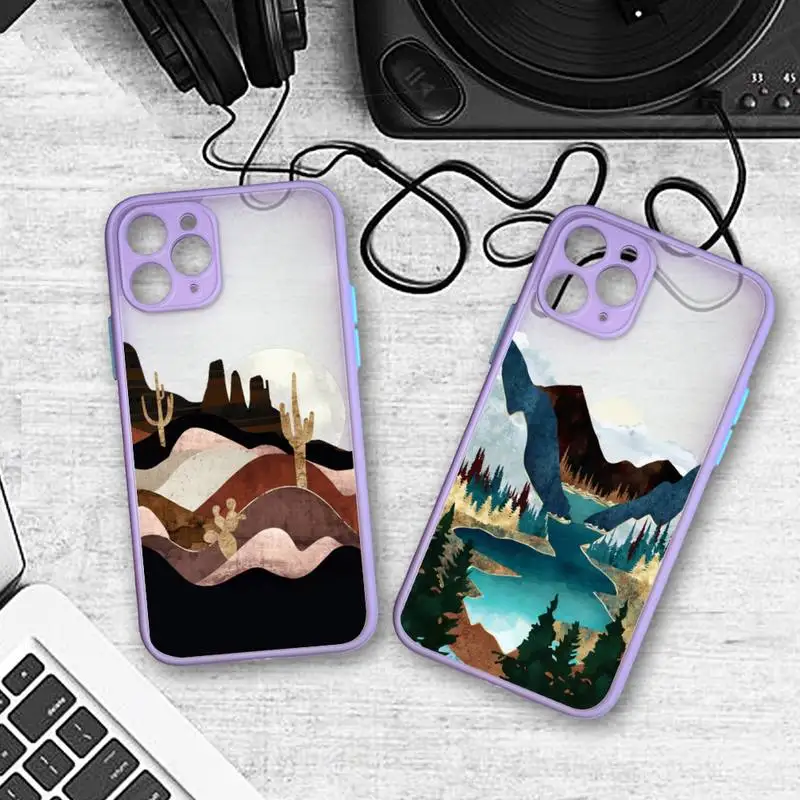 

Hand-painted landscape painting Phone Case Shockproof Trasparent For iPhone 11 Pro Max 12 Mini XR X XS 8 7 Plus purple Cover