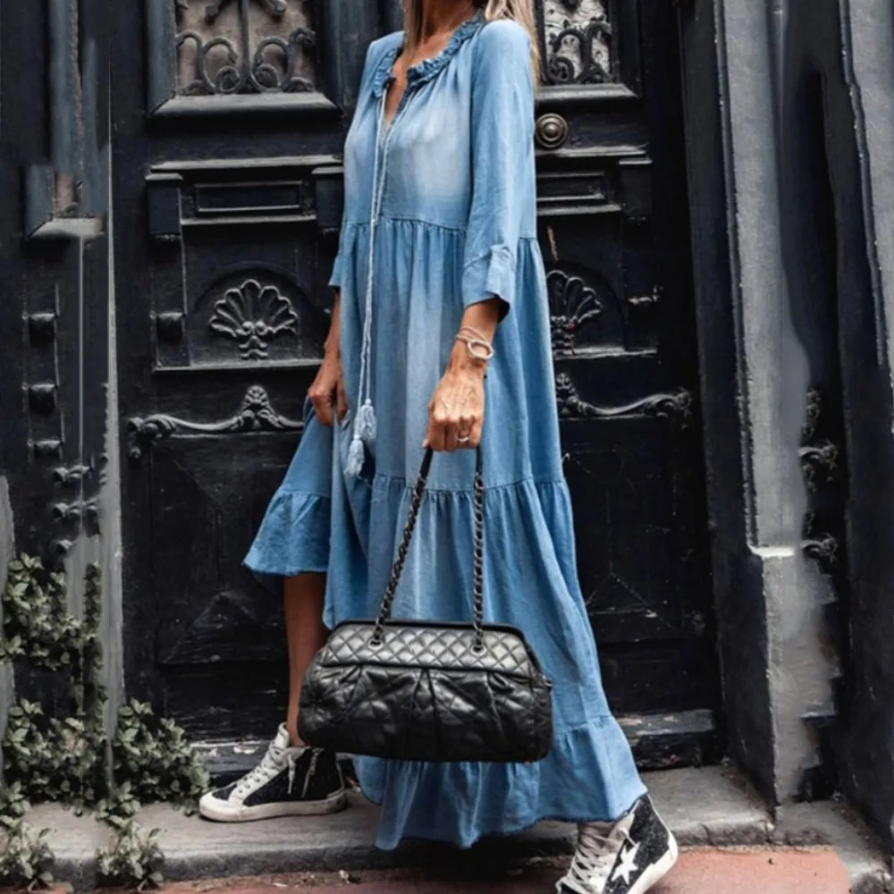 Женское джинсовое платье с оборками повседневное свободное винтажное макси в