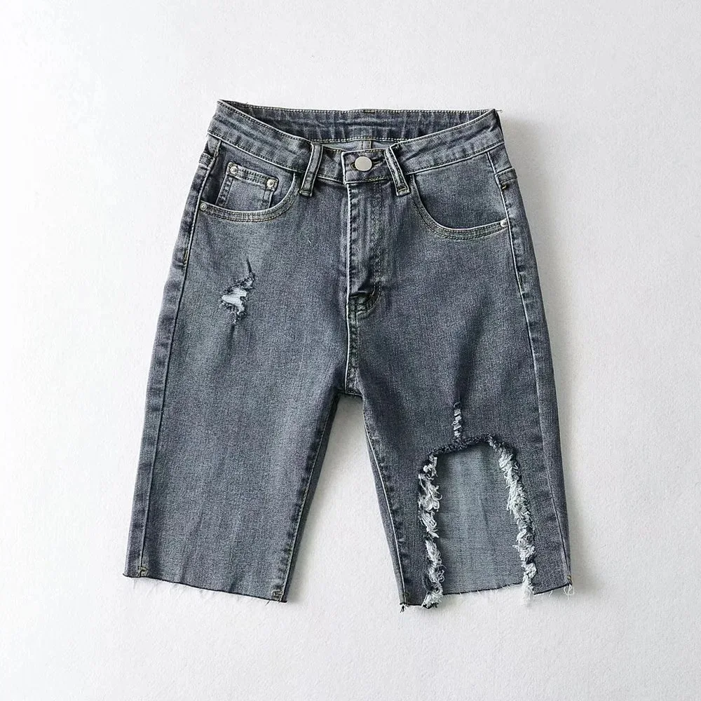 

AliExpress European and American Women's Clothing 21 Amoi High Waist Large Gap Slim Fit Burrs Denim Shorts