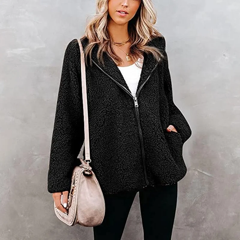 

Womens Fleece Jacket Long Sleeve Lapel Zip Up Outwear Faux Shearling Shaggy Oversized Coat With Pockets Warm Winter Outerwear