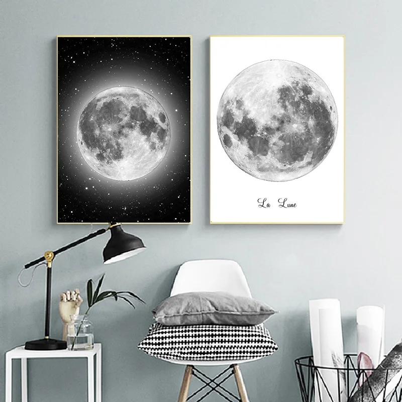 Минималистичная полнофазная Печать на холсте черно-белый постер La Luna настенные