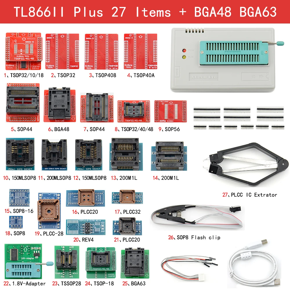 

100% Оригинальный XGECU новейший V11 TL866II Plus универсальный программатор + 27 адаптеров + BGA48 BGA63 + тестовый зажим высокоскоростной программатор