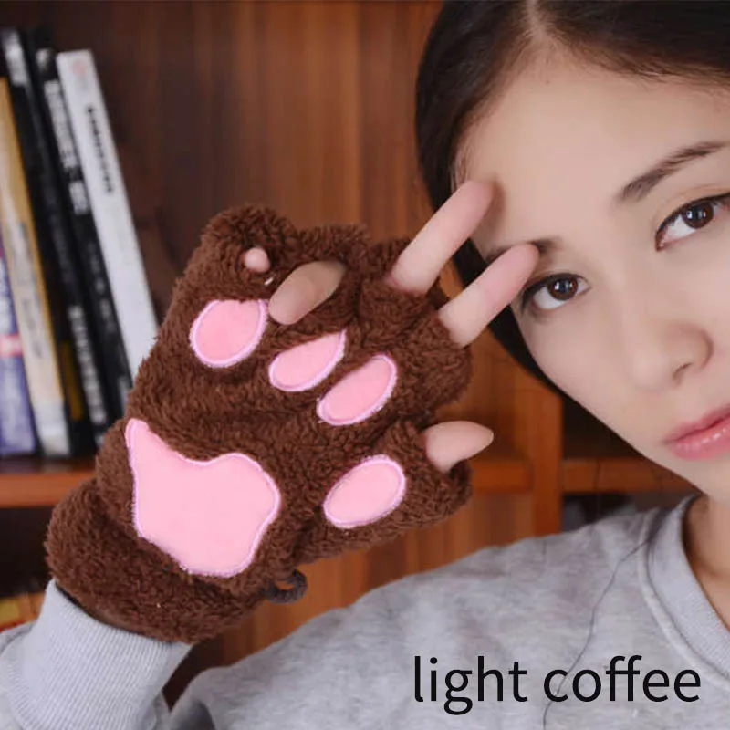 light coffee Женские милые кошачья лапа с когтями, плюшевые варежки, зимние теплые толстые перчатки без пальцев, мягкие перчатки с когтями медведя, перчатки с когтями на пол пальца, варежки с когтями - Цвет: light coffee