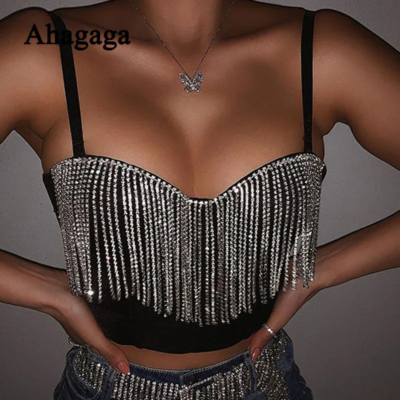 

Ahagaga Sexy Tassel Camisole Women Diamond Fashion Patchwork Vest Short Tops Sleeveless Clubwear Women Camis Female Blusas Tops