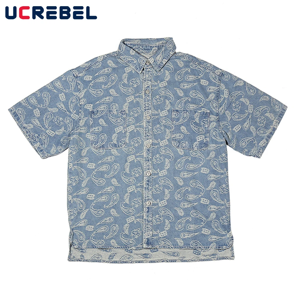 

Рубашка мужская джинсовая с коротким рукавом, жаккардовая блуза с асимметричным подолом, отворот, цвет кешью, летняя уличная одежда