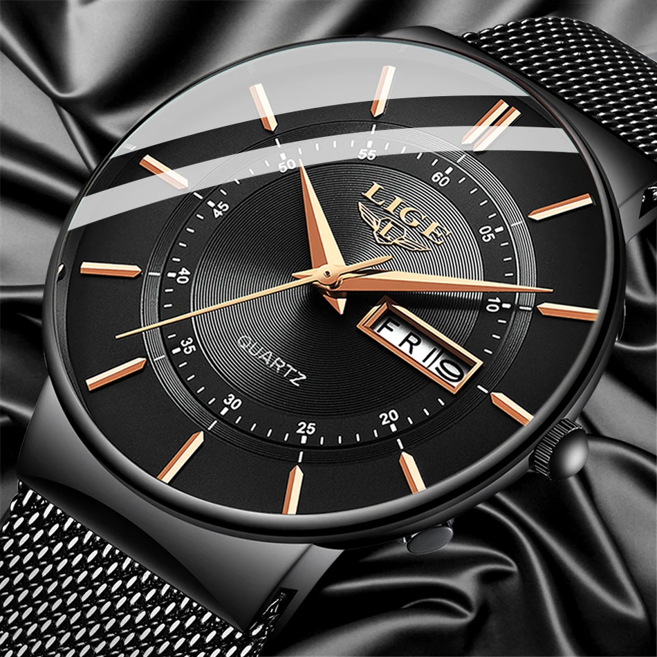 Мужские часы LIGE Топ бренд Роскошные водонепроницаемые ультра тонкие для