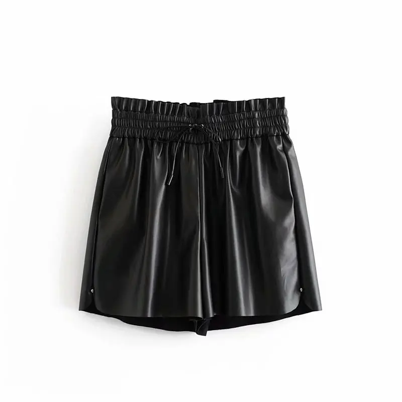 2019 Женские винтажные повседневные Черные шорты из искусственной кожи женский
