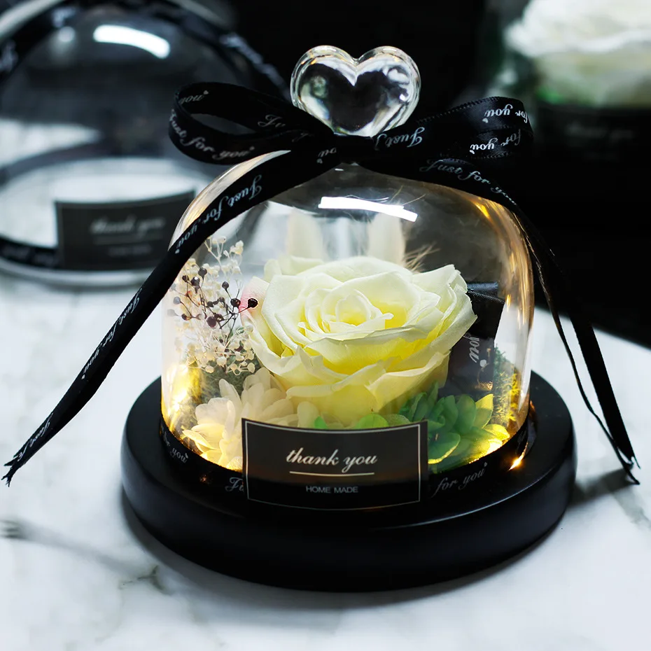 

Mother Day Gifts Beauty and Beast Eternal Real Rose with LED In Glass Dome Dried Flowers Home Decor Valentine Bithday Wedding