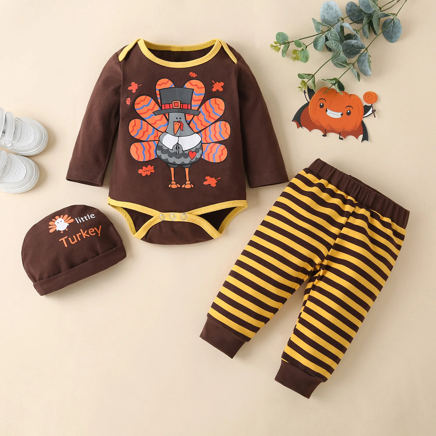 

New Halloween Clothes Newborn Baby Girl Clothes Sets 3 Piece Cotton Animal Print Long Sleeve Bodysuit+striped Trousers+hat 0-18M