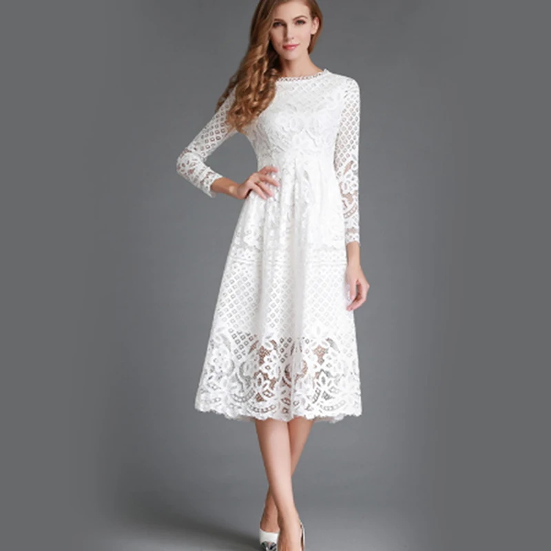 

Elegant White Lace Hollow Out Dress Women Vintage long Sleeve Vestidos Autumn Winter Women Party Club Dress 2022