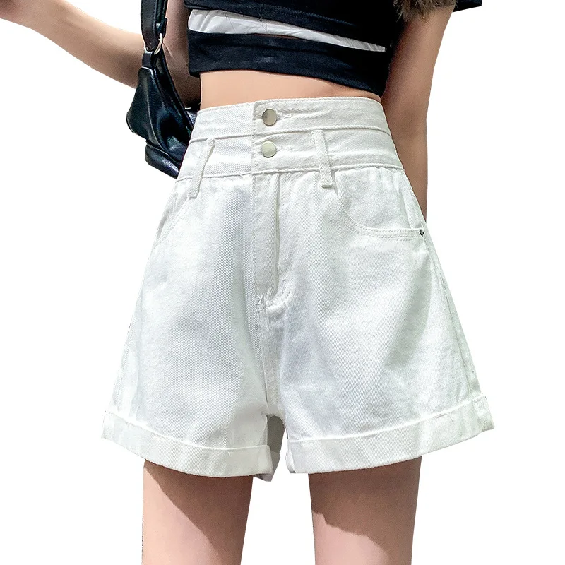 

WANYUCL off-white high-waisted denim shorts women 2021 summer loose wide-legged thin a-shaped curly hot pants women