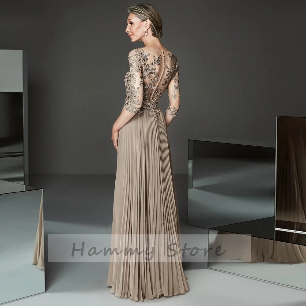 

Elegant Mother Of The Bride Dresses Chiffon Appliques Pleat V-Neck Three Quarter Zipper A-Line Gowns Novia Do 2021 New Party