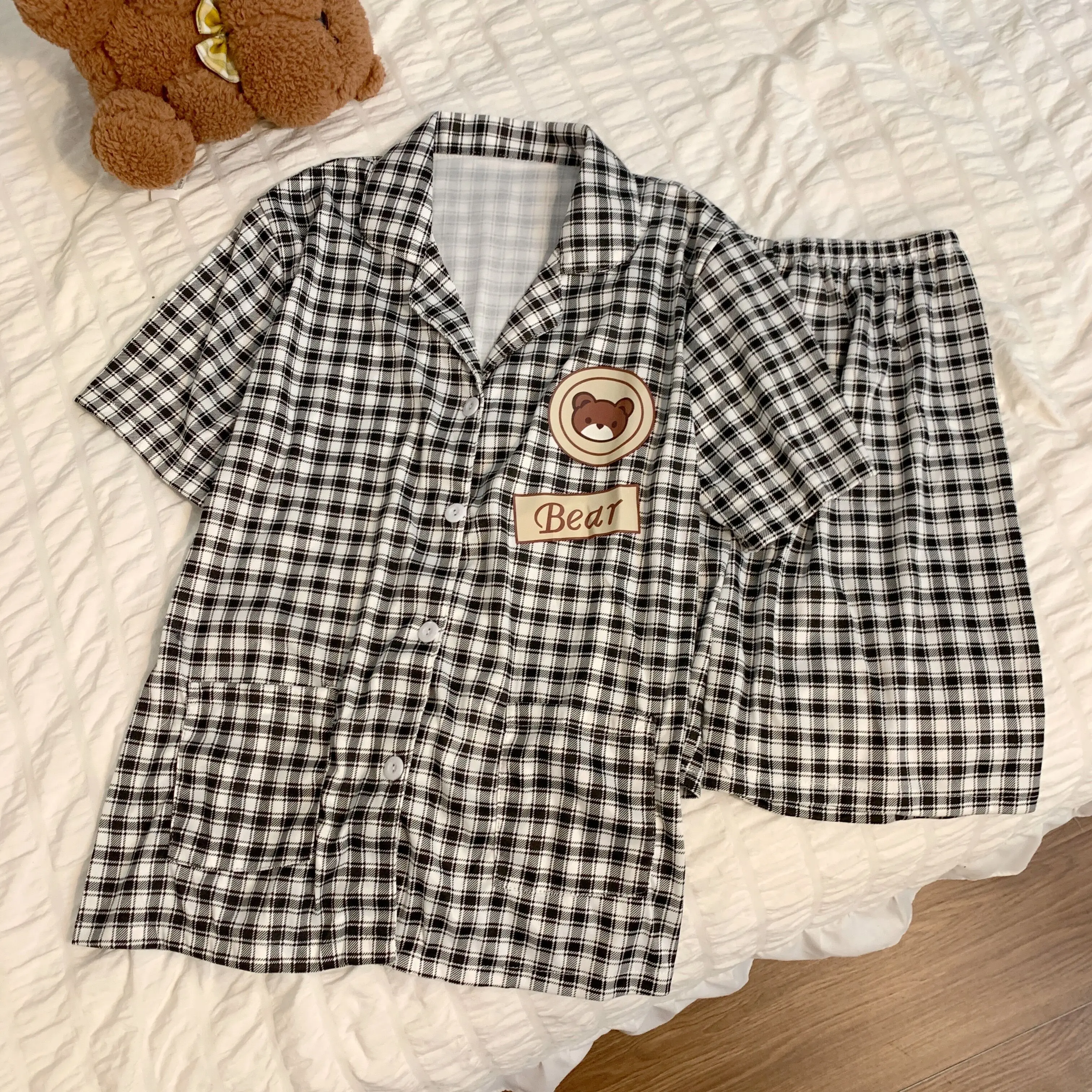 

CBAFU japanese pajamas for women summer cartoon bear plaid homewear girls sleepwear short sleeve top shorts loungewear N098