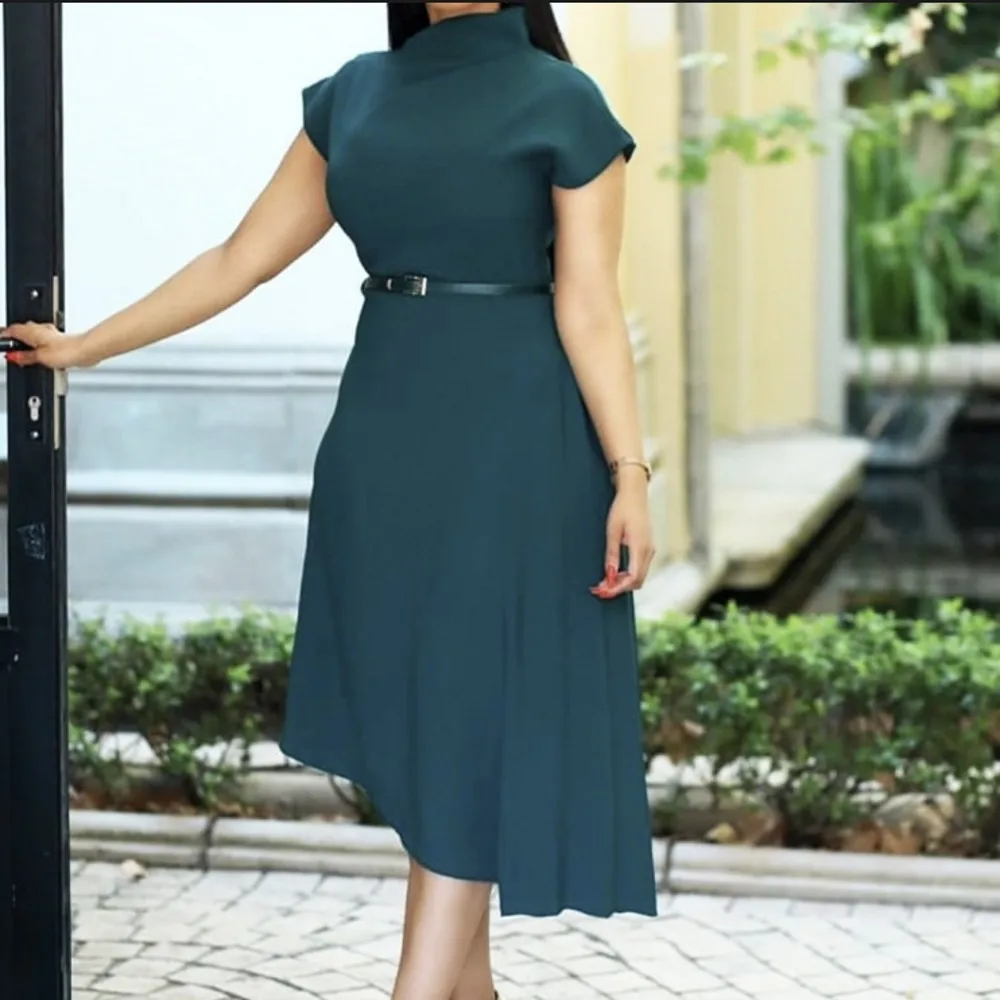

African Dress Short Sleeve Turmuff Green Irregular Slim MIDI Dress Office Commuter Belt Dress Women's Party Club New Vestidos