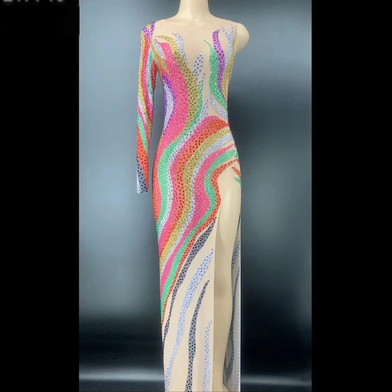 

Длинное Радужное платье стразы с открытыми плечами для празднования дня рождения Прозрачное платье с одним рукавом женские танцевальные платья