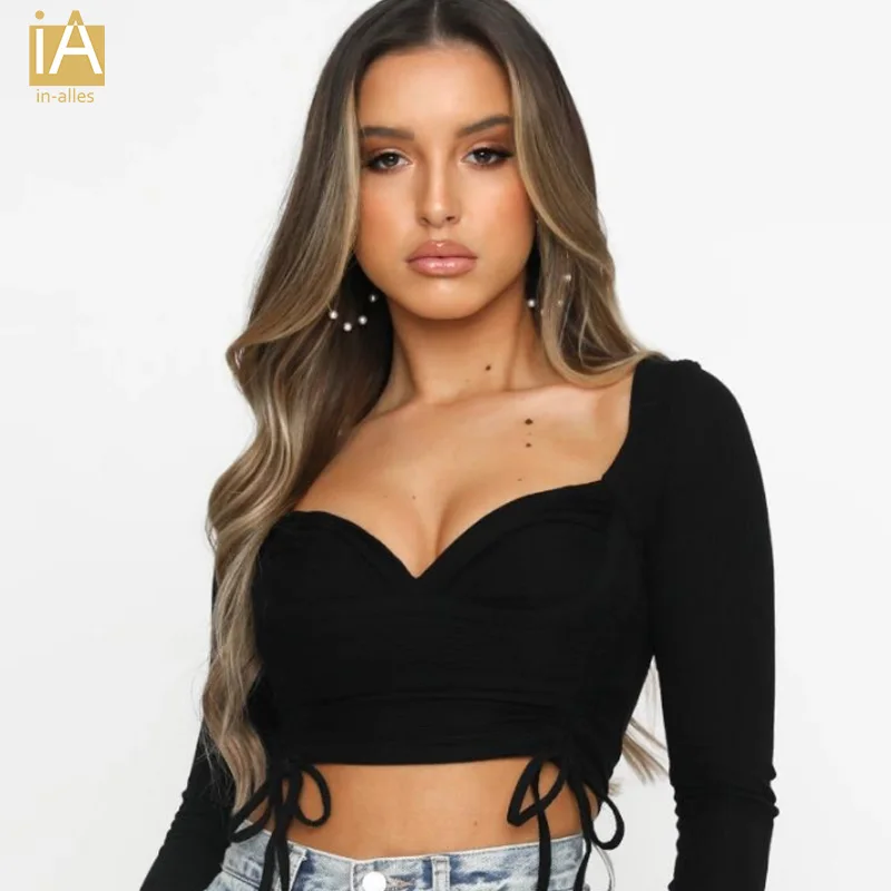 

Women Crop Tops Sexy Long Sleeve Cropped Tees Casual Drawstring Ruched T-shirt Cropped Tshirt Female Autumn Clothing