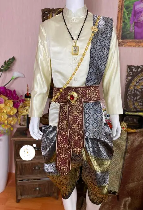 Traditional Thai Men Suit Long sleeve Vintage Cloth Spring Festival