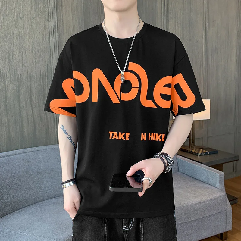 

Popular logo short sleeve T-shirt for men Hong Kong style simple English alphabet print hip-hop half sleeve bottom shirt 81117