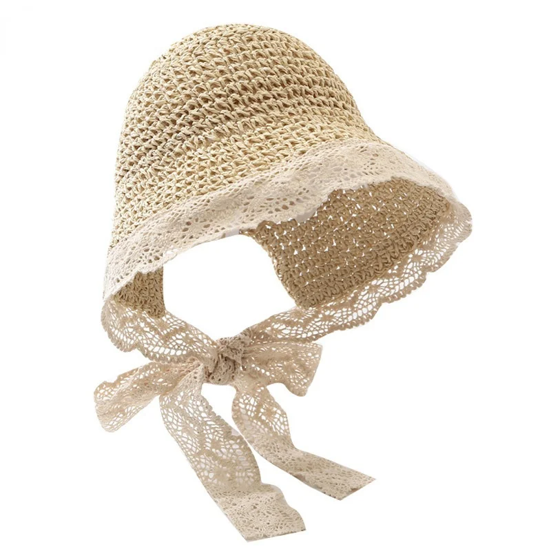 

2021 New Style Lace Kids Panama Hats for Girls Straw Mother Baby Hat Summer Kids Sun Caps for Girls Beach Baby Girl Cap 1PC