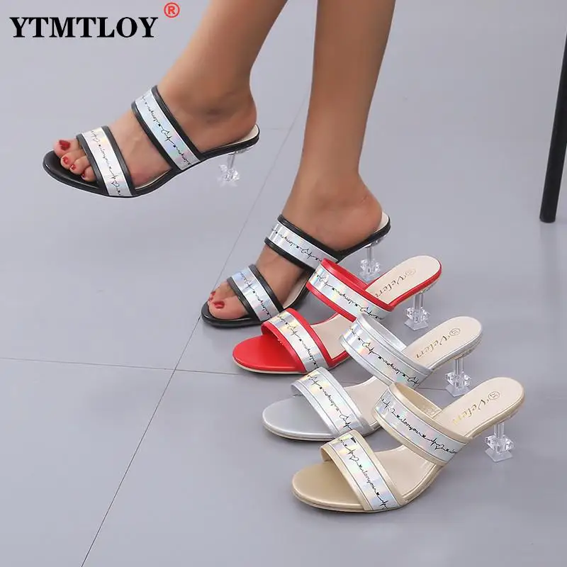 

Big Size 43 Luxury Women Slippers Letter Mules Talons High Heels Party Sandals Shoes Crystal Heel Sandalias De Verano Para Mujer